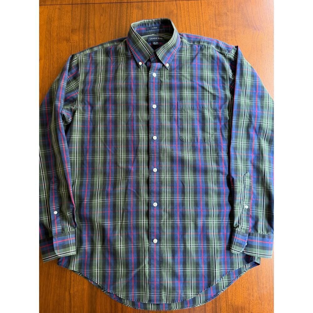 Lands' End No Iron Tailored Fit Plaid Dress Shirt 16-34 Green Navy Red Tartan